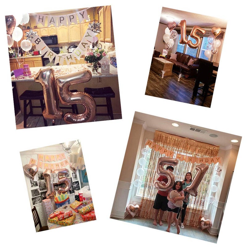 EASUTE 40Inch 15 Balloons Number Birthday Decorations, 15th Birthday Decorations for Girls with Rose Gold Banner Confetti Balloons 1" in Diameter Heart Confetti for 15 Birthday Party Supplies Photo Props - Image 3